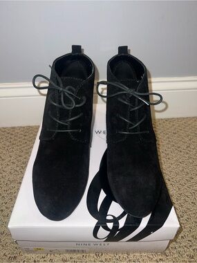 Nine West Black Suede Lace-Up Ankle Booties